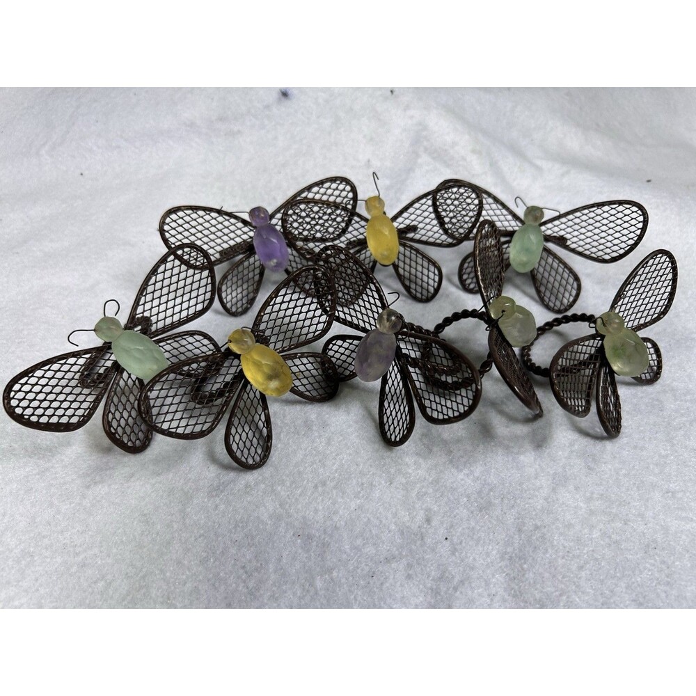 Dragonfly Napkin Rings Set of 8 Brown Metal Mesh Multicolor Beaded Insect